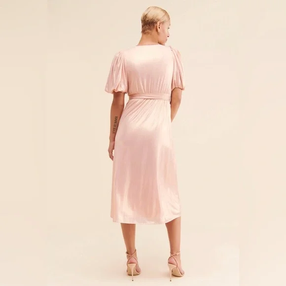 Yumi Kim Maternity Francine Soft Metallic Pink Wrap Midi Dress NWOT Small S - Picture 4 of 9
